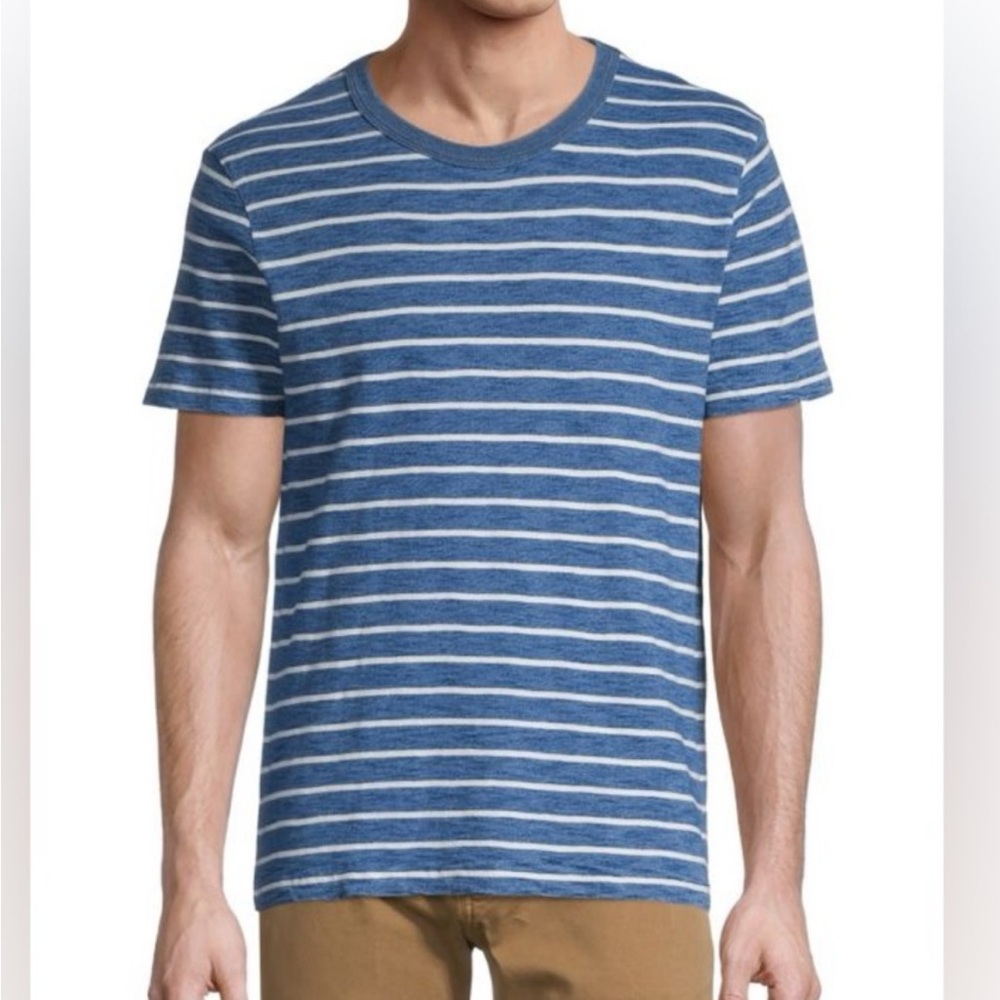Madewell Indigo Blue & White Striped Textured T/Shirt w MEASUREMENTS Sz Small